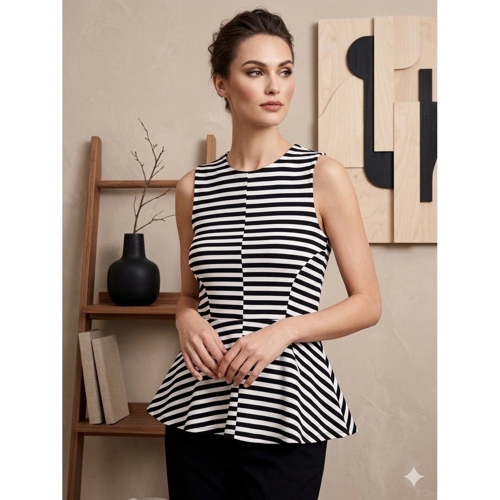 Lindex Sleeveless‎ Peplum Top Black White Striped Crew Neck Size 38